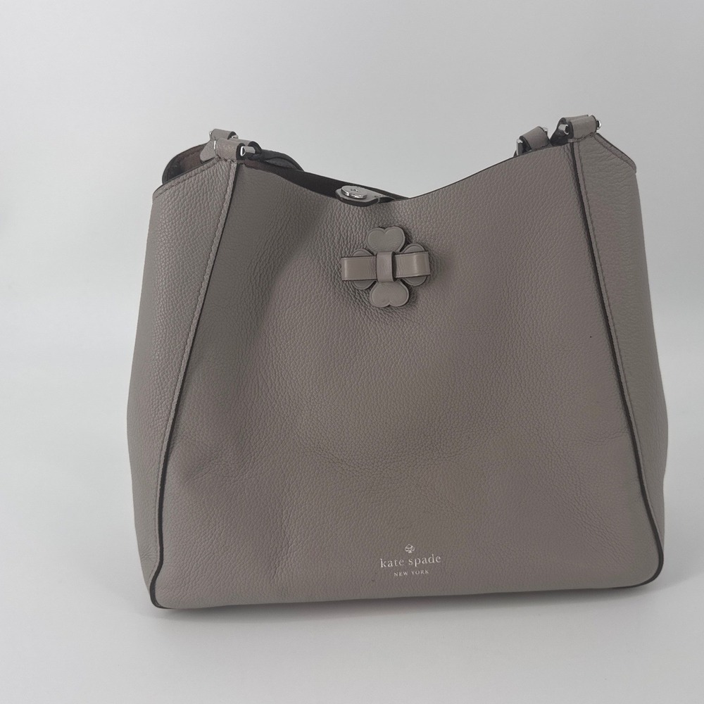 Kate Spade Talia Taupe Grey Pebbled Leather Flower 3 Compartment Shoulder Bag